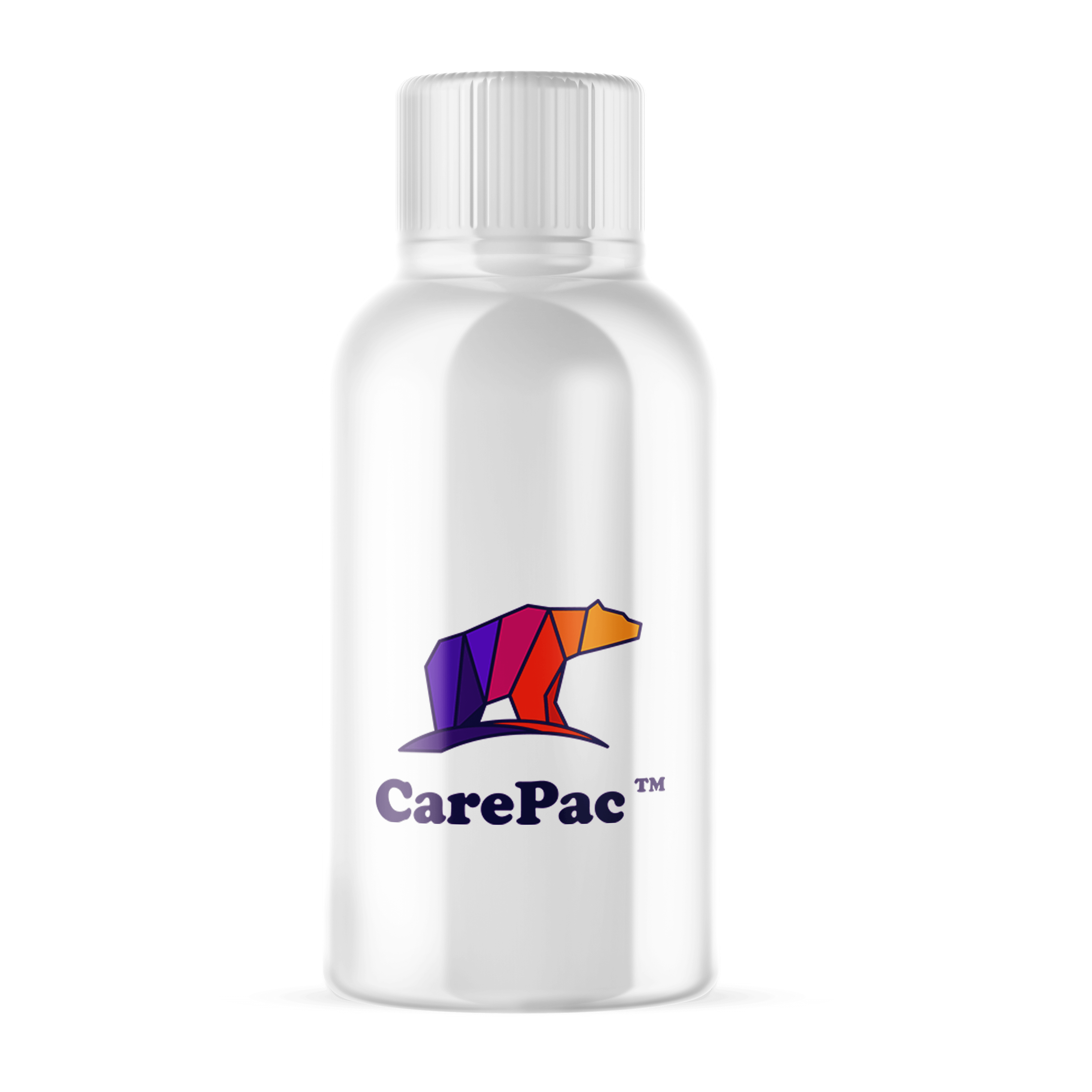 Bottle with white shrink sleeve and the CarePac logo custom printed on the sleeve